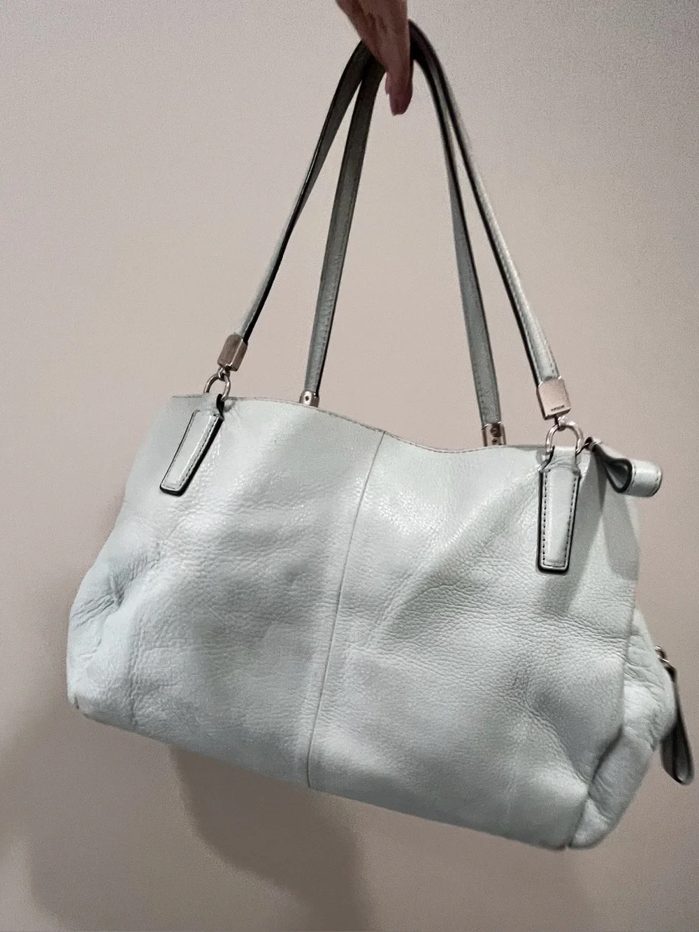 Coach Pebbled Leather Light Blue Triple Compartment Tote Shoulder Bag